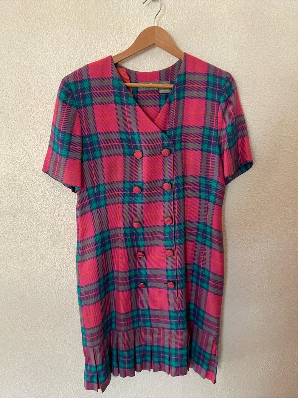Liz Claiborne Pink & Teal Plaid Double-Breasted Vintage Preppy Pleaded Dress 12P